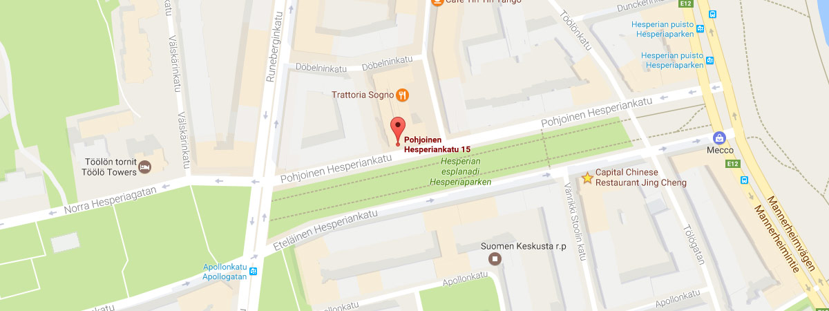 Kartta Hesperian esplanadin ympäristöstä. Keskelle merkitty Yhteiset Lapsemme ry:n toimisto.