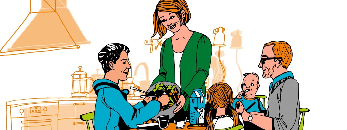 Tukiperhe pöydän ääressä syömässä, äiti ojentaa nuorelle pojalle salaattia. Piirroskuva.