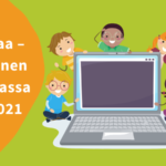 Piirroskuva, jossa on lapsia kannettavan tietokoneen ympärillä. Tekstissä tiedot 6.5.2021 järjestettävästä webinaarista.